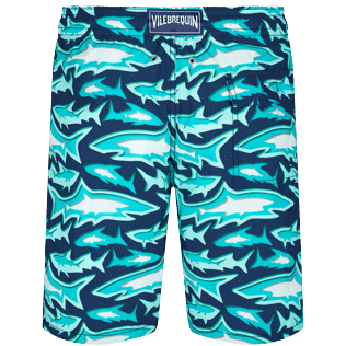 Herren Andere Bedruckt - Lange Requins 3D Stretch-Badeshorts für Herren, Marineblau Rückansicht