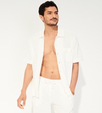Hombre Autros Liso - Camisa de bolos unisex en tejido terry de jacquard, Blanco tiza vista frontal desgastada
