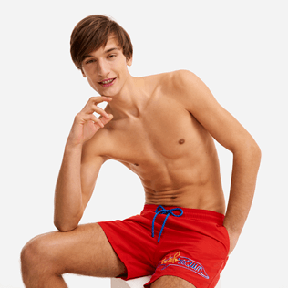 Men Classic Embroidered - Men Swimwear placed embroidery Vilebrequin squale - Vilebrequin x JCC+ - Limited Edition, Medicis red details view 1