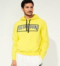 Men Others Embroidered - Men Embroidered Cotton Hoodie Sweatshirt Solid, Lemon front worn view