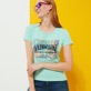 Damen Andere Bedruckt - Marguerites T-Shirt aus Baumwolle für Damen, Lagune Details Ansicht 3