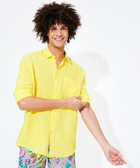 Hombre Autros Liso - Camisa de lino lisa para hombre, Limon vista frontal desgastada