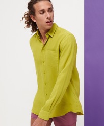 Men Linen Shirt Solid Matcha front worn view