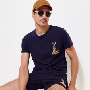 Hombre Autros Bordado - Camiseta de algodón con bordado The Year of the Rabbit para hombre, Azul marino detalles vista 6