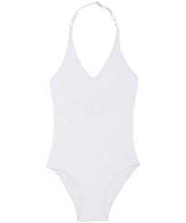 Mädchen Andere Bestickt - Broderies Anglaises Badeanzug für Mädchen, Weiss Vorderansicht