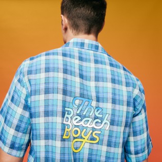 Camicia bowling uomo a quadri - Vilebrequin x The Beach Boys Blu marine dettagli vista 1
