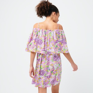 Donna Altri Stampato - Vestito corto con spalle scoperte donna Rainbow Flowers, Cyclamen vista indossata posteriore