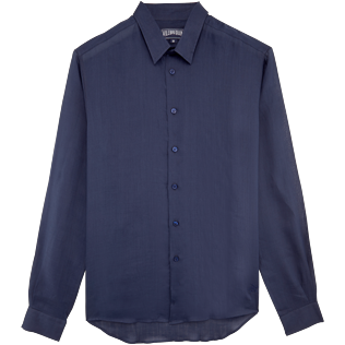 Shirts Embroidered - Unisex Linen Voile Shirt Solid, Navy front Shirts Embroidered - Unisex Linen Voile Shirt Solid, Navy front