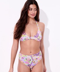 Women High waist Printed - Women High-Waisted Bikini Bottom Rainbow Flowers, Cyclamen front worn view