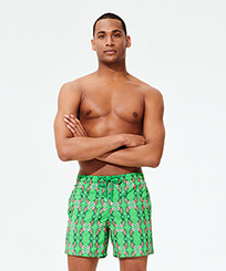 Men Classic Embroidered - Men Swimwear Embroidered Sweet Fishes - Limited Edition, Grass green front worn view