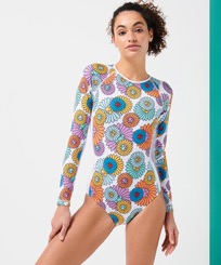 Women One piece Printed - Women Rashguard Long Sleeves One-piece swimsuit Marguerites, White front worn view