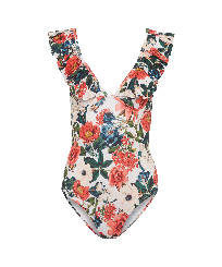 女款 Underwire 印制 - 女士 Tropical Blooms 连体泳衣, White 正面图