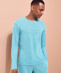 Men Others Solid - Unisex Linen Long Sleeves T-shirt Solid, Heather azure front worn view