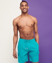 Men Others Solid - Men Linen Bermuda Shorts cargo pockets, Ming blue front worn view