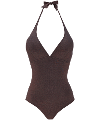 Women Fitted Solid - Women Halter One-Piece Swimsuit Changeant Shiny, Burgundy front view