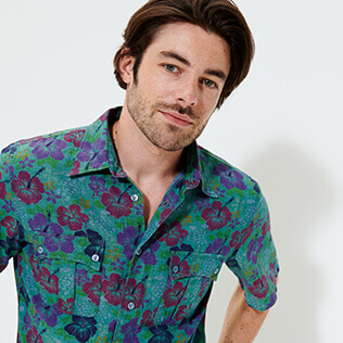 Hombre Autros Estampado - Camisa de bolos de cambray para hombre, Agua verde supp1 Hombre Autros Estampado - Camisa de bolos de cambray para hombre, Agua verde supp1