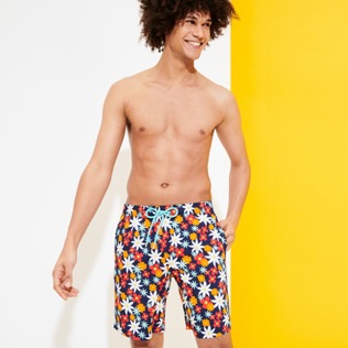 Men Long classic Printed - Men Swim Trunks Long 1977 Spring Flowers, Navy frontworn Men Long classic Printed - Men Swim Trunks Long 1977 Spring Flowers, Navy frontworn