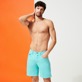 Men Others Solid - Men 5-Pocket Satin Cotton Bermuda Shorts, Lagoon front worn view Men Others Solid - Men 5-Pocket Satin Cotton Bermuda Shorts, Lagoon front worn view