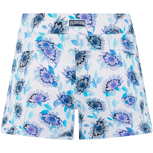 Pantalón corto de baño con cintura plana y estampado Flash Flowers para mujer Purple blue vista trasera