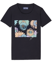 Herren Andere Bedruckt - Marguerites T-Shirt aus Baumwolle mit aufgeflocktem Vilebrequin Logo für Herren, Marineblau Vorderansicht