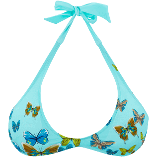 Women Rounded Printed - Women Rounded Neckline Bikini Top Butterflies, Lagoon front view
