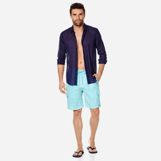 Hombre Autros Liso - Bermudas tipo cargo en lino de color liso para hombre, Acqua supp2 Hombre Autros Liso - Bermudas tipo cargo en lino de color liso para hombre, Acqua supp2
