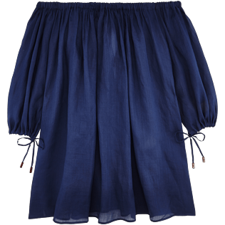 Mujer Vestido Bordado - Vestido en gasa de lino liso con escote bardot para mujer, Azul marino back Mujer Vestido Bordado - Vestido en gasa de lino liso con escote bardot para mujer, Azul marino back