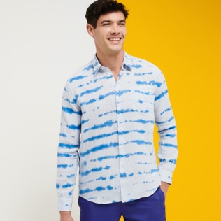Hombre Autros Estampado - Camisa de lino con estampado Rayures Tie & Dye para hombre, Cielo azul vista frontal desgastada
