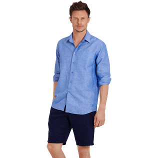 Hombre Autros Liso - Camisa en lino de algodón liso para hombre, Azul neptuno supp3 Hombre Autros Liso - Camisa en lino de algodón liso para hombre, Azul neptuno supp3