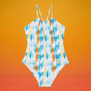 Mädchen Einteiler Bedruckt - Palms & Stripes Badeanzug für Mädchen – Vilebrequin x The Beach Boys, Weiss Vorderansicht