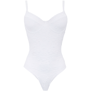 Damen Einteiler Bestickt - Broderies Anglaises Badeanzug mit V-Ausschnitt für Damen, Weiss Vorderansicht