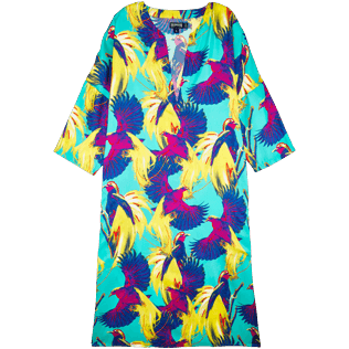 Women 052 Printed - Women Long Twill Silk Tunic Dress Birds of Paradise, Veronese green front Women 052 Printed - Women Long Twill Silk Tunic Dress Birds of Paradise, Veronese green front