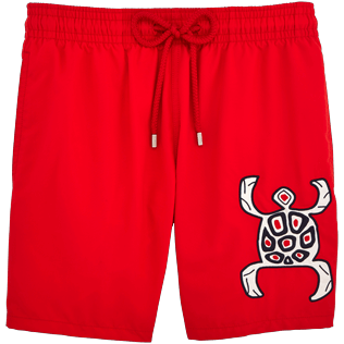 Men Classic / Moorea Embroidered - Primitive Turtle Placed Embroidery Swim shorts, Poppy red front Men Classic / Moorea Embroidered - Primitive Turtle Placed Embroidery Swim shorts, Poppy red front