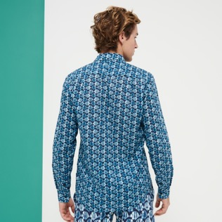 Men Others Printed - Unisex Cotton Voile Summer Shirt Batik Fishes, Navy back worn view