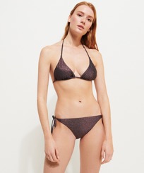 Women Fitted Solid - Women Bikini Bottom to be tied Changeant Shiny, Burgundy front worn view