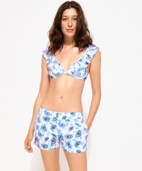 Women Others Printed - Women Flatbelt Swim short Flash Flowers, Purple blue front worn view