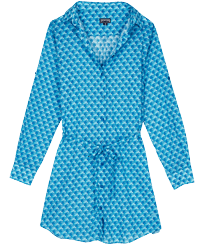 Vestido camisero de algodón con estampado Micro Waves para mujer Lazulii blue vista frontal