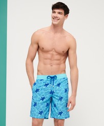 Men Long classic Printed - Men Stretch Long Swimwear Turtles Splash Flocked, Lazulii blue front worn view