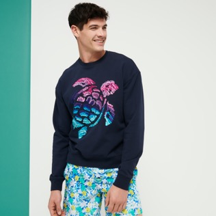 Men Others Printed - Men Cotton Sweatshirt Embroidered Turtle, Navy front worn view