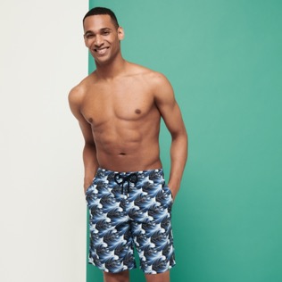 Men Long classic Printed - Men Swimwear Long Waves, Navy front worn view
