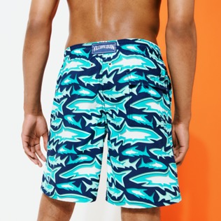 Men Others Printed - Men Stretch Long Swim Shorts Requins 3D, Navy back worn view