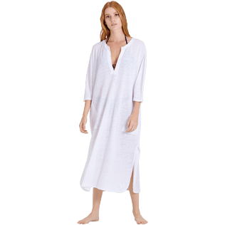 Donna Altri Unita - Caftano da spiaggia donna in lino a tinta unita, Bianco frontworn Donna Altri Unita - Caftano da spiaggia donna in lino a tinta unita, Bianco frontworn