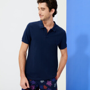 Men Others Solid - Men Cotton Pique Polo Shirt Solid, Navy frontworn Men Others Solid - Men Cotton Pique Polo Shirt Solid, Navy frontworn