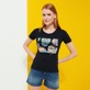 Donna Altri Stampato - T-shirt donna in cotone Marguerites, Blu marine vista frontale indossata