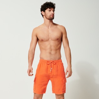 Men Others Solid - Men Linen Bermuda Shorts cargo pockets, Guava front worn view