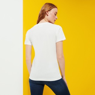 Women Others Solid - Women Cotton Vilebrequin Rhinestone T-shirt, Off white back worn view
