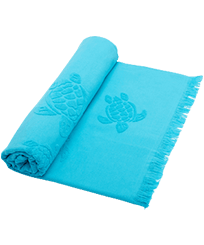 Others Solid - Beach Fouta in Organic Cotton Turtles Jacquard, Azure front worn view
