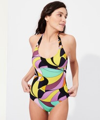 Women One piece Printed - Women Halter One-piece Swimsuit 1984 Invisible Fish, Black front worn view
