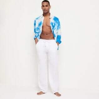 男款 Others 纯色 - Men Linen Pants Solid, White 正面穿戴视图