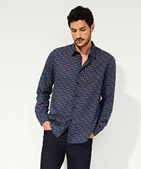 Men Others Printed - Unisex Cotton Voile Summer Shirt Micro Ronde Des Tortues, Navy front worn view